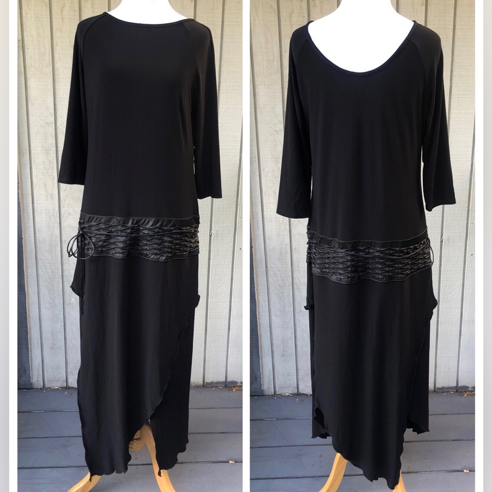 Joseph Ribkoff Leather Waist Asymmetrical Handkerchief Hem Black Maxi Dress 12